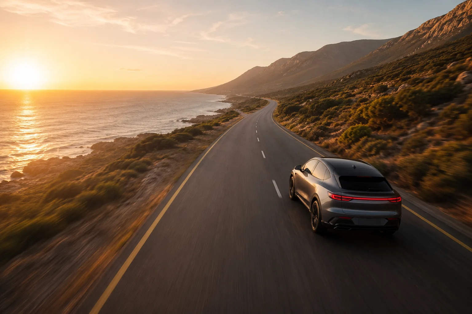 An Auren design study driving a coastal road in South Africa at sunset