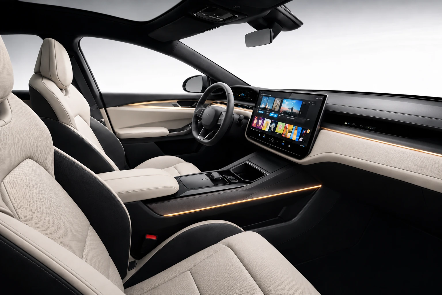 Design study of the Auren interior — a minimal cockpit built around a single wide display